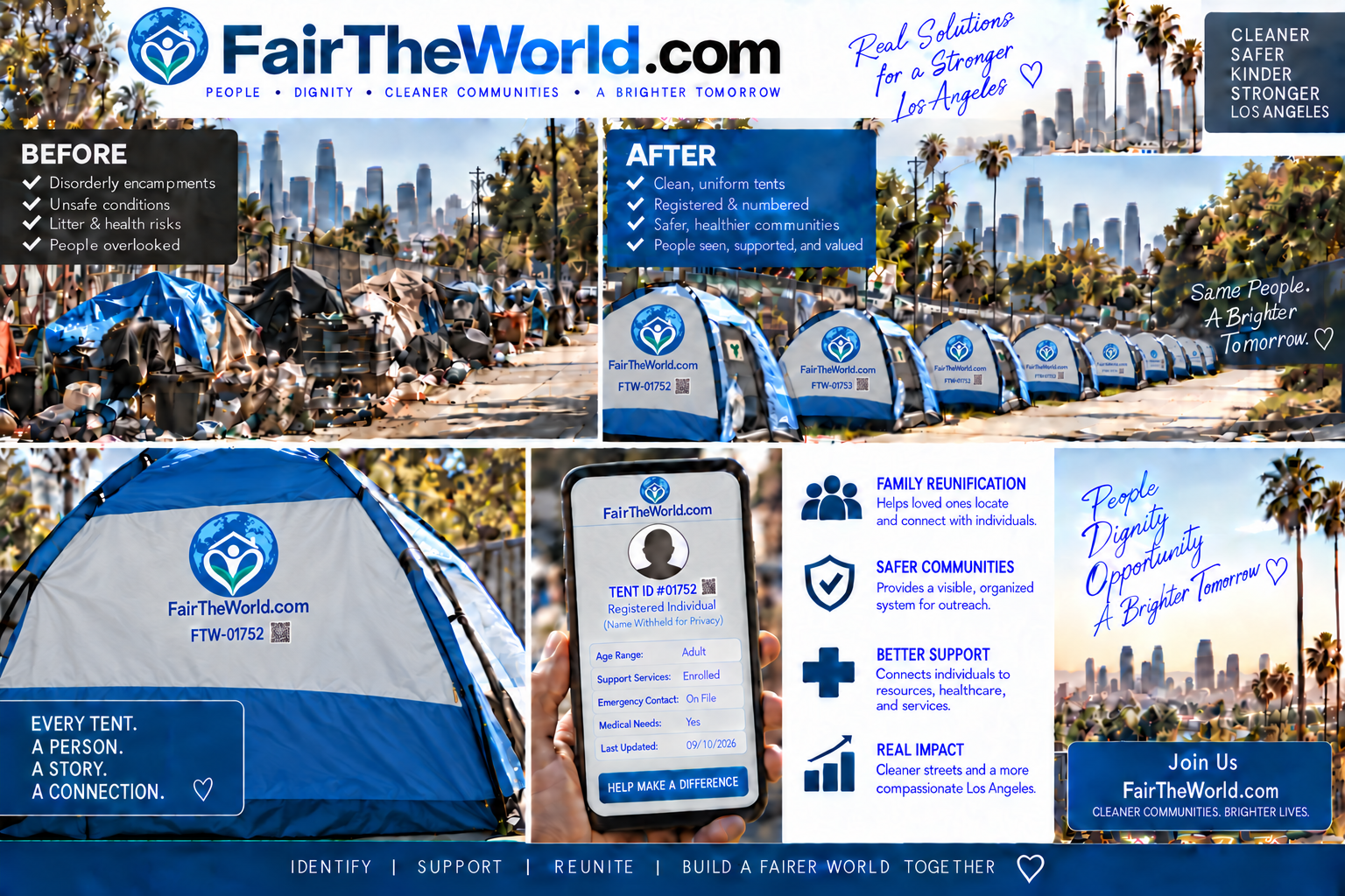 Fair The World overview showing smaller numbered tents, a tent QR code, outreach support, and cleaner Los Angeles communities