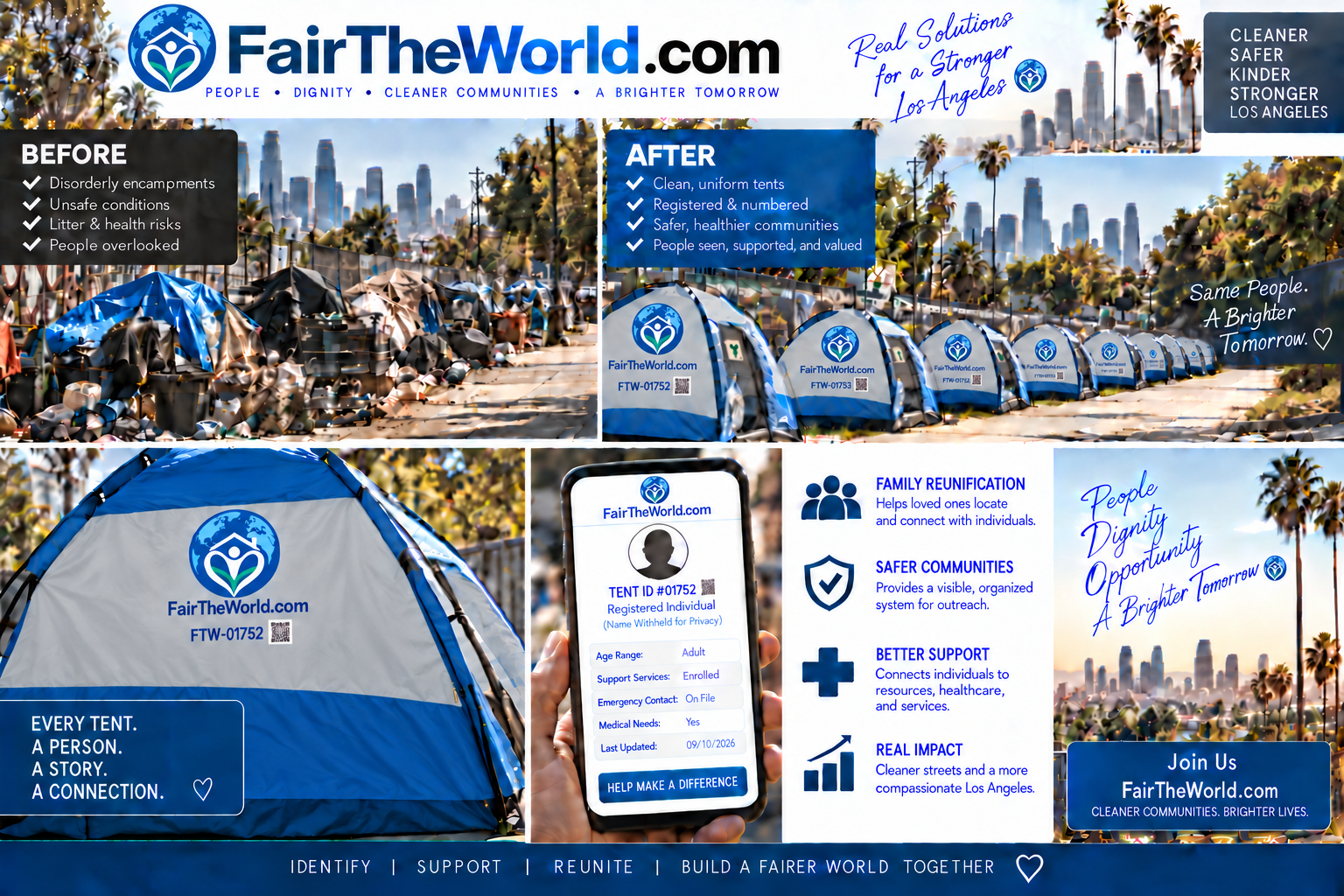 Fair The World program overview showing smaller numbered tents, community support, and a cleaner Los Angeles