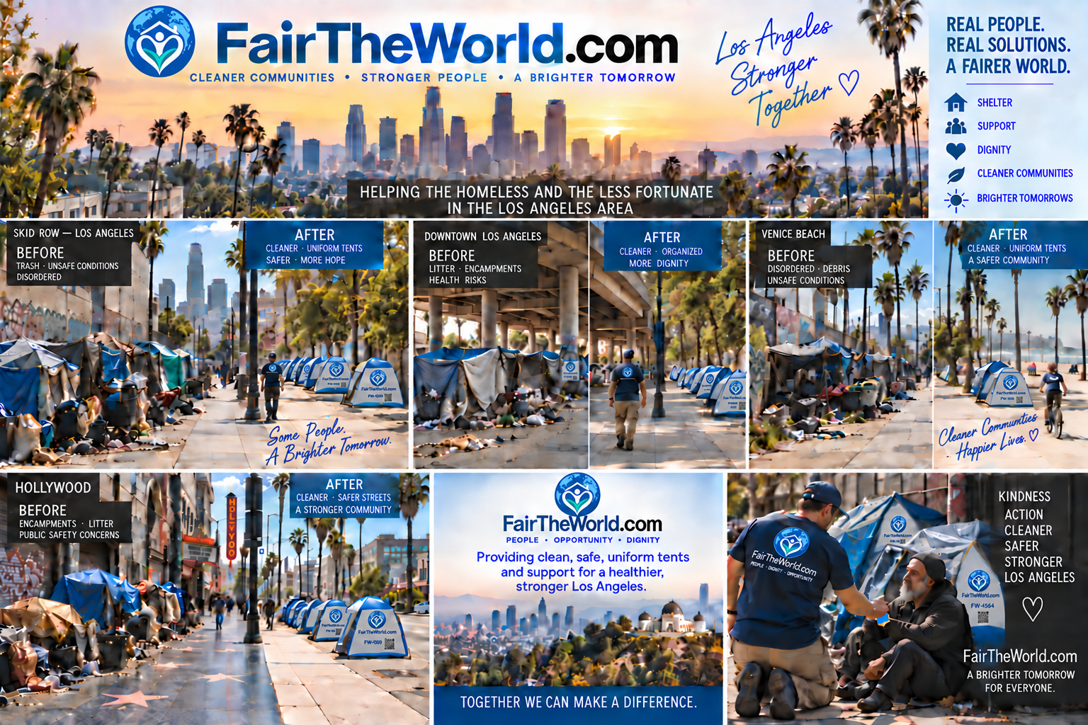 Fair The World Los Angeles outreach vision with uniquely numbered tents and QR-code labels