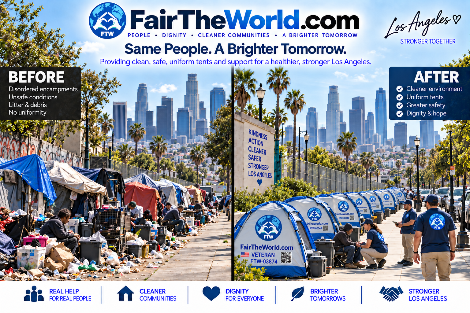 Concept illustration of standard and veterans tents mixed in the Fair The World Los Angeles outreach vision