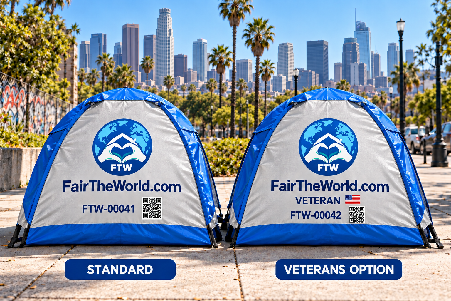 Concept of matching blue and silver-gray Fair The World tents, with a small flag beside the word Veteran on the veterans option
