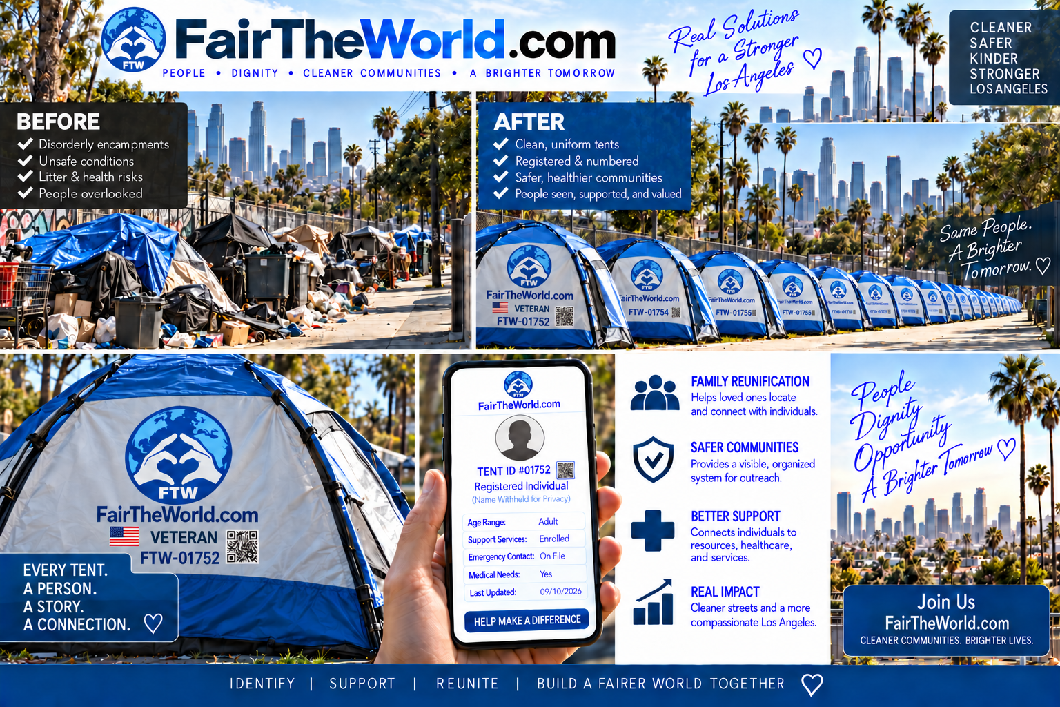 Fair The World overview showing smaller numbered tents, a tent QR code, outreach support, and cleaner Los Angeles communities